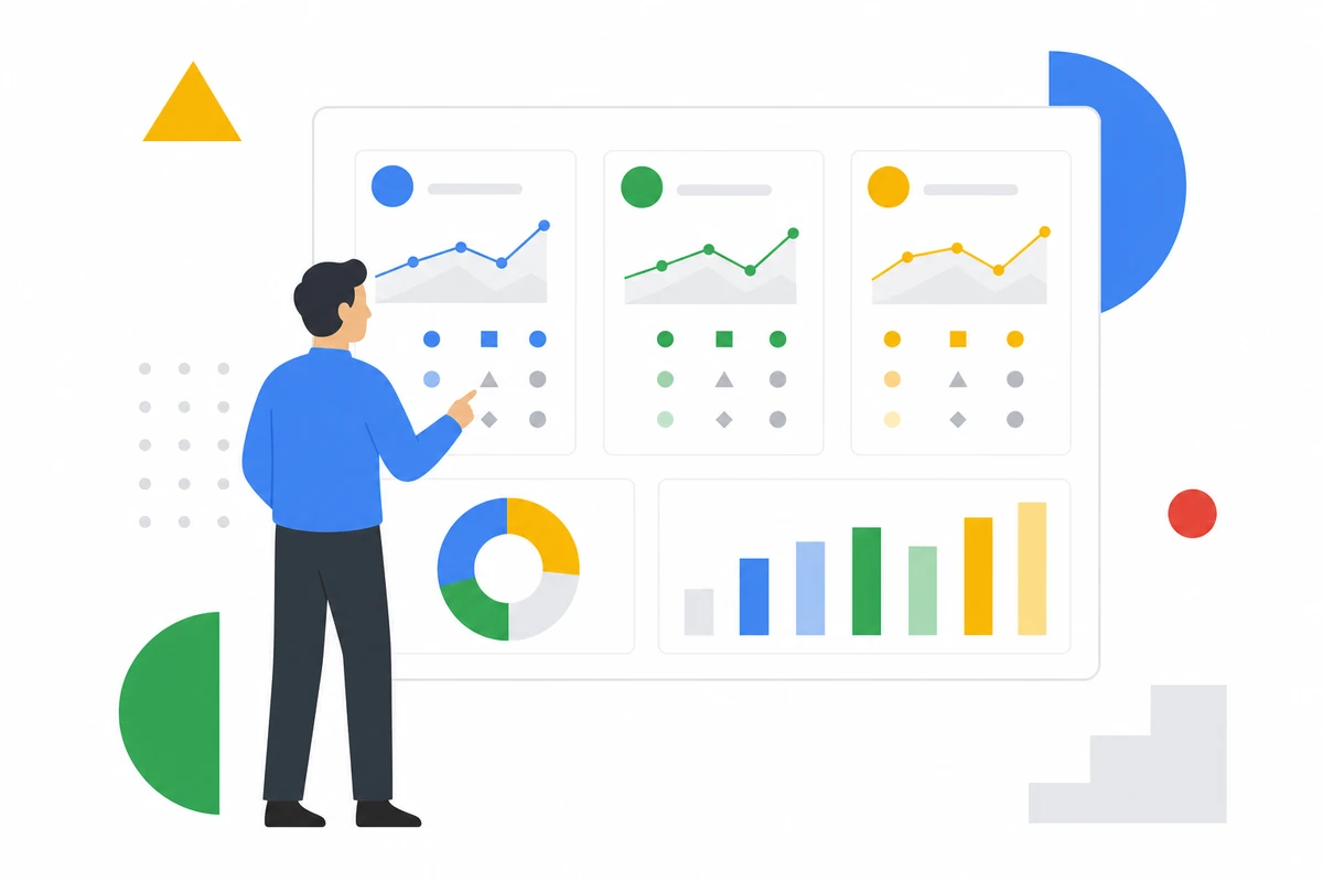 A person at a dashboard of three panels, each holding a rising trend line above a grid of status markers, with a donut chart and a bar chart beneath them.