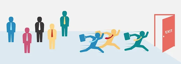 Customer churn: a group of figures standing still on the left while three others run to the right, briefcases in hand, towards an open door marked Exit.