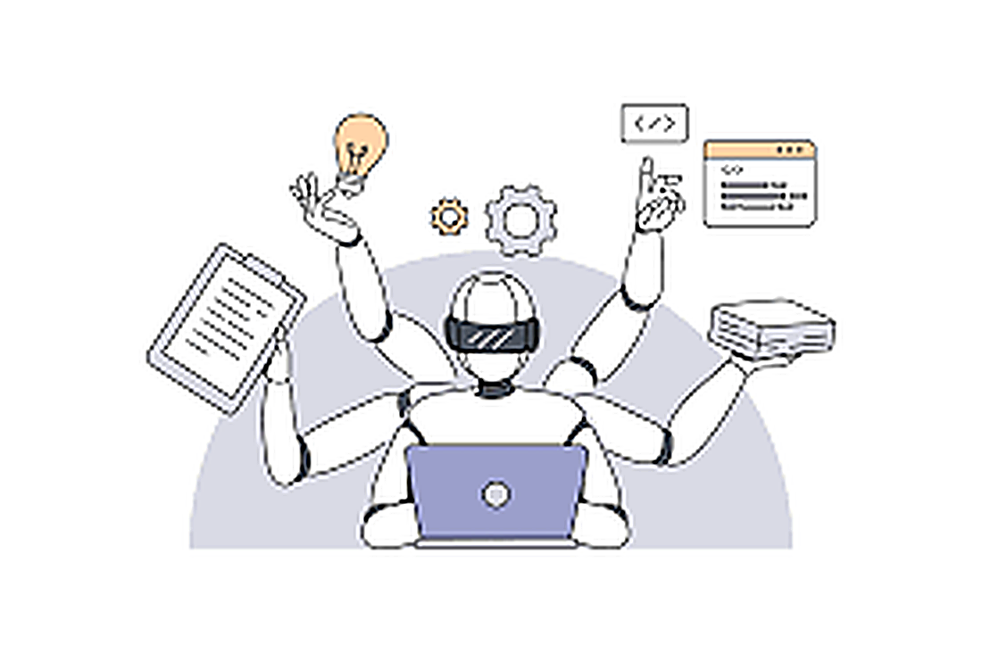 A robot working at a laptop with several extra arms, each holding something it is turning out at once: a clipboard, a lightbulb, a window of code, and a stack of documents.